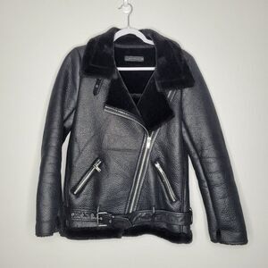 Zara faux leather black moto belted punk grunge jacket size x small FLAW